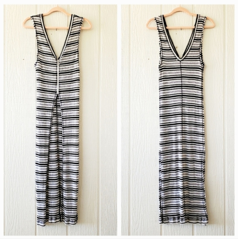 We The Free People Black Striped Front Zip Maxi Tank Duster Cover Up Medium
